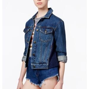 Free People Blue Lace Panel Denim Jean Jacket size small